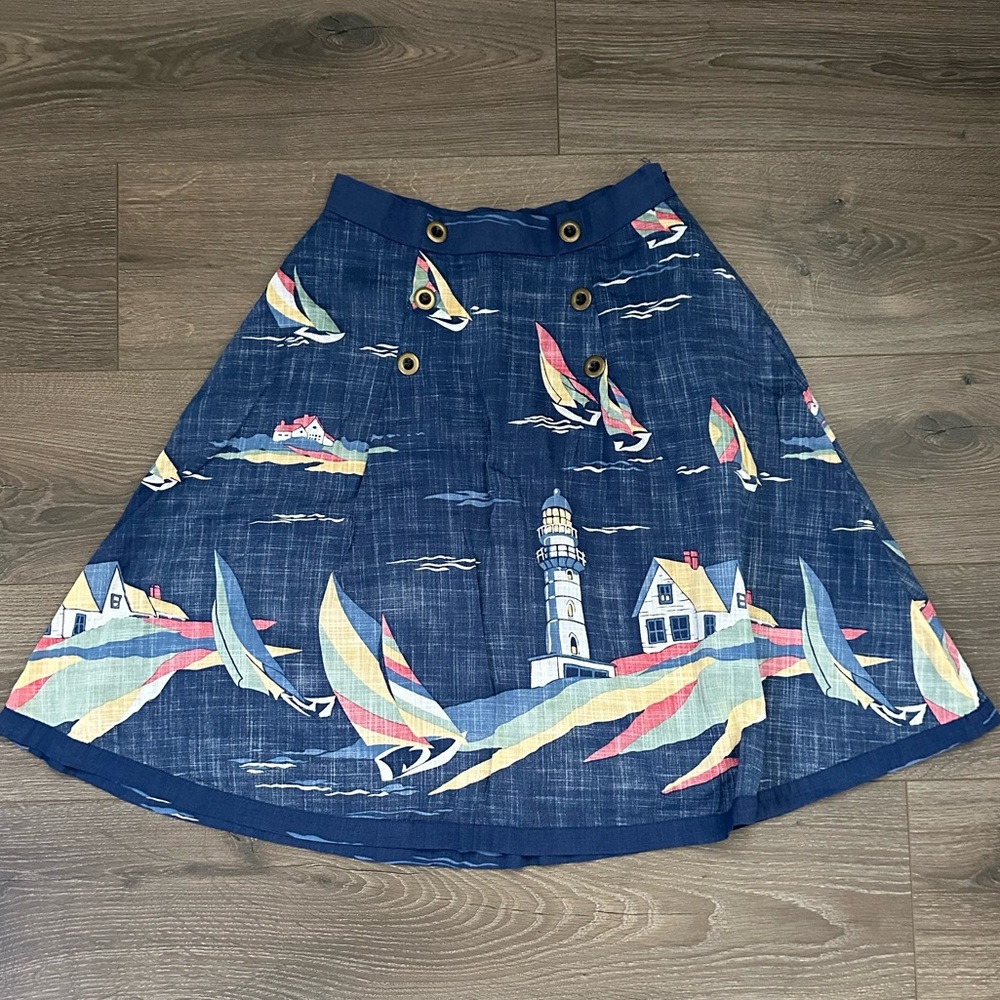 Odille Anthropologie Coastal Sailboat Lighthouse Nautical Skirt Blue Size 2‎